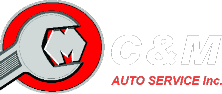 Logo for C&M Auto Service Inc. features a gray wrench gripping the letters C and M on a red circle, with C&M in bold white text and AUTO SERVICE Inc. in red text—perfect for an auto repair or tire shop near me.