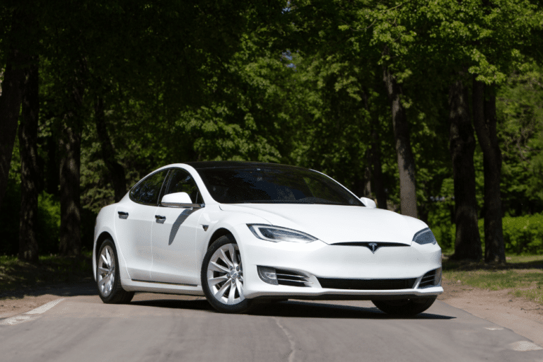 tesla maintenance, ev repair, Morgan Hill, CA, C&M Auto Service, Inc. Tesla Model S on a scenic road surrounded by lush green trees, highlighting its sleek design.