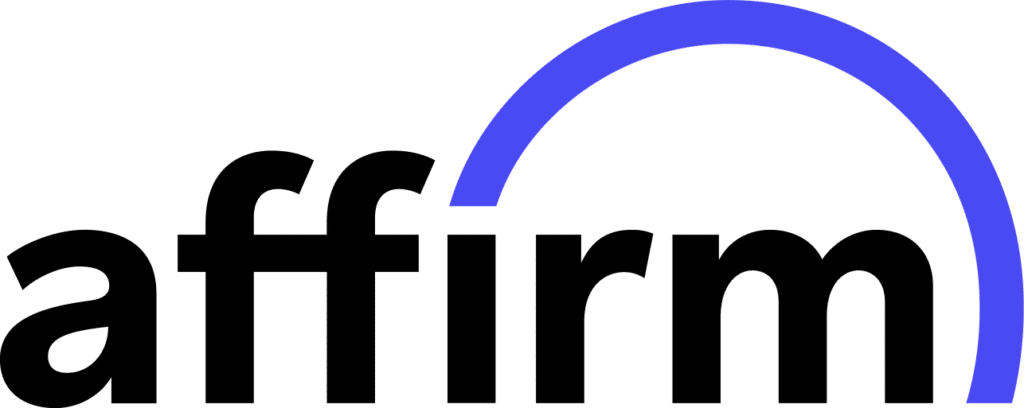 The image shows the Affirm logo with the word affirm in bold black lowercase letters and a blue curved line arching over the last three letters, often seen on auto repair finance options.